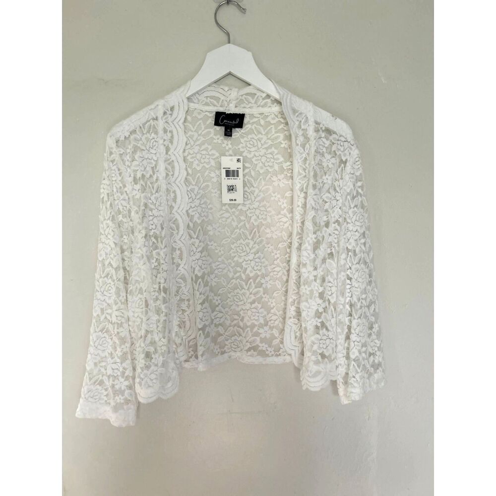 Connected Apparel White Floral Lace Open Front Cardigan Shrug Size M NWT
